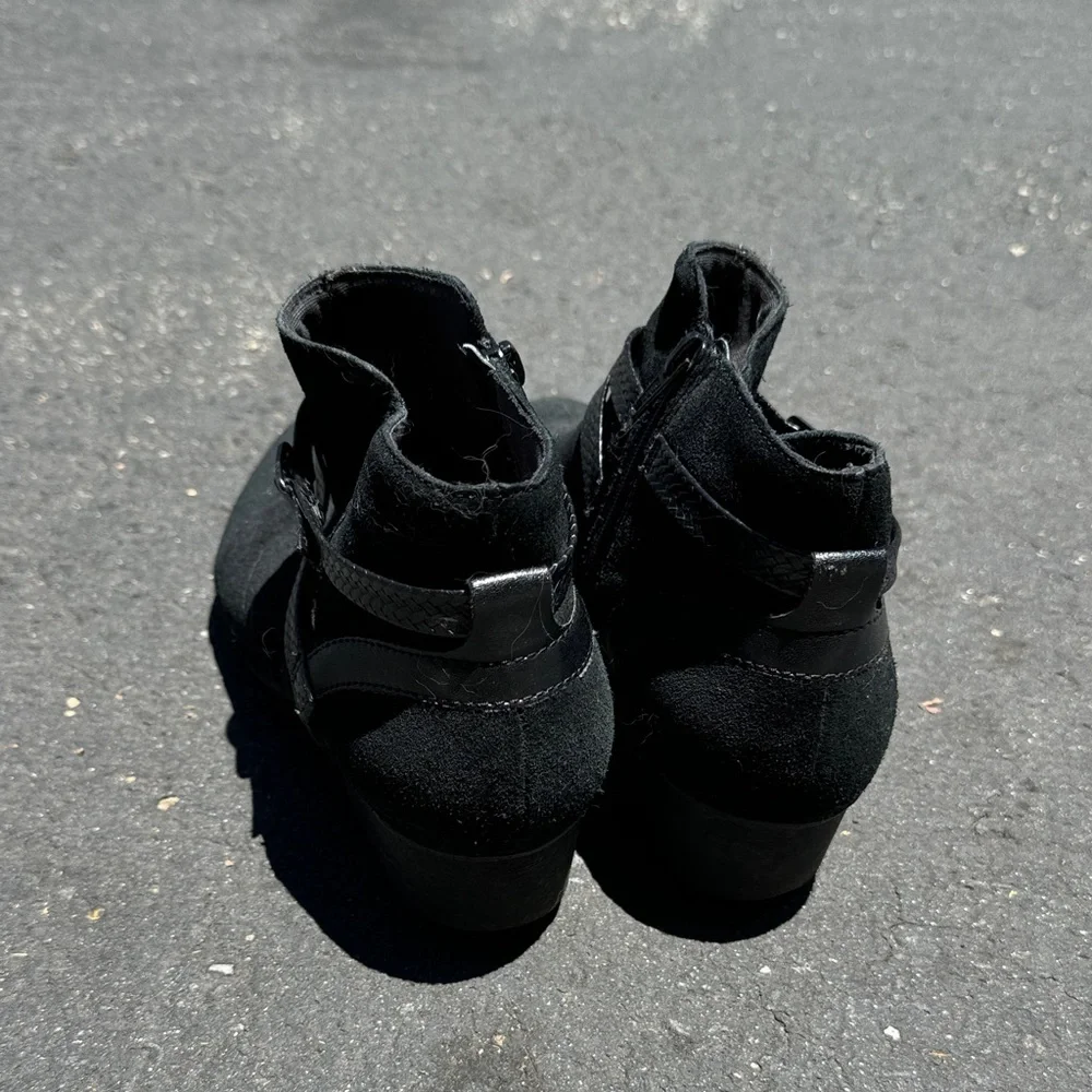 Clarks Black Suede Ankle Booties with Wrap Strap